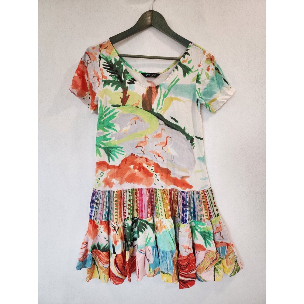 Jams World Flamingo Beach Tiered Rayon Mini Dress Multi Color XXS W329-FLCH